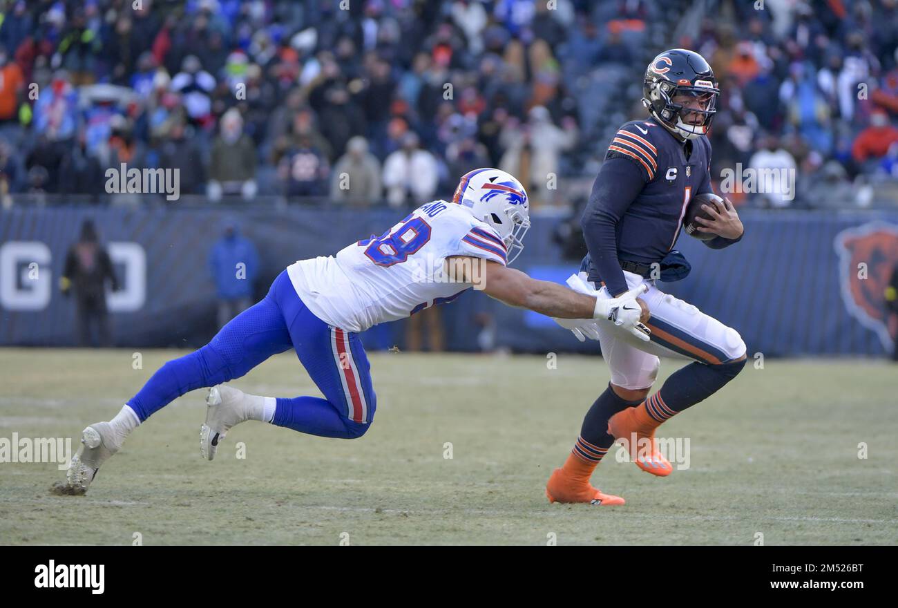 Chicago, United States. 24th Dec, 2022. Chicago Bears quarterback Justin Fields (1) runs the ball against the Buffalo Bills at Soldier Field in Chicago on Saturday, December 24, 2022. The Bills won 35-13. Photo by Mark Black/UPI Credit: UPI/Alamy Live News Stock Photo