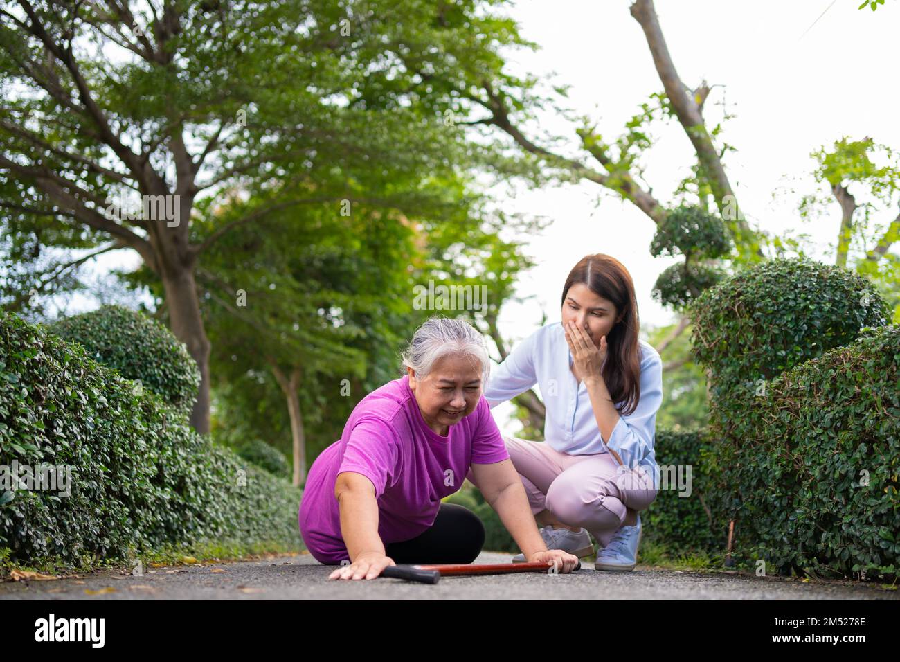 Asian senior woman fell down on lying floor because faint and limb weakness and Crying in pain form accident and her daughter came to help support. Co Stock Photo