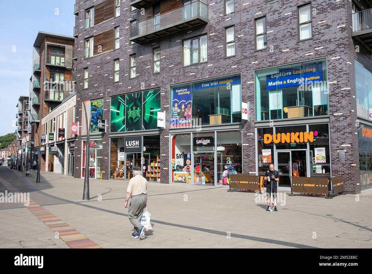 Bury town centre in Greater Manchester England shops and apartment flat ...