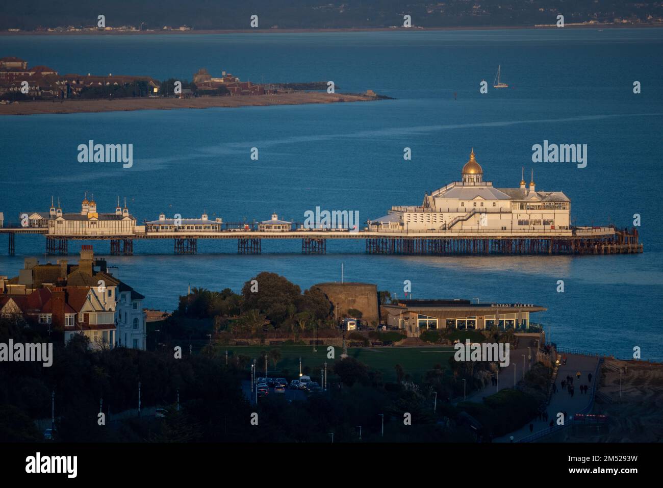 Eastbourne Pier, in the county of East Sussex on the south coast of England, UK. Photographed from the South Downs, near Beachy Head, looking east. Stock Photo
