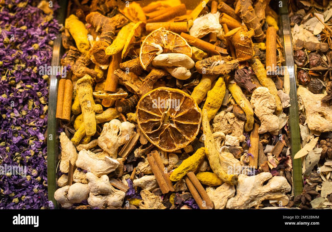 Market with different types of tea, herbs, plants and dried flowers Stock Photo