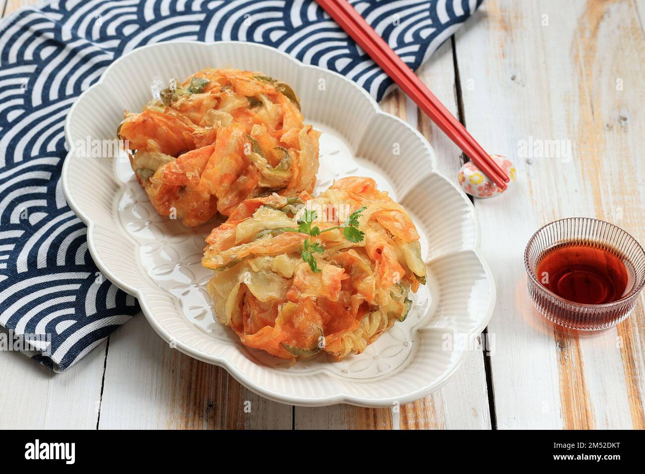 Japanese Cuisine, Sweet Potato and Green Onion, and Cabbage Kakiage