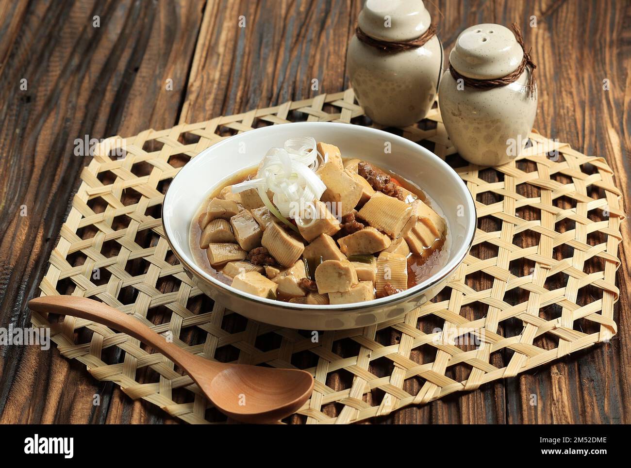 Mapo Tofu or Mapo Doufu, Bean Curd Szechwan Style with Beef and Green Onion Stock Photo