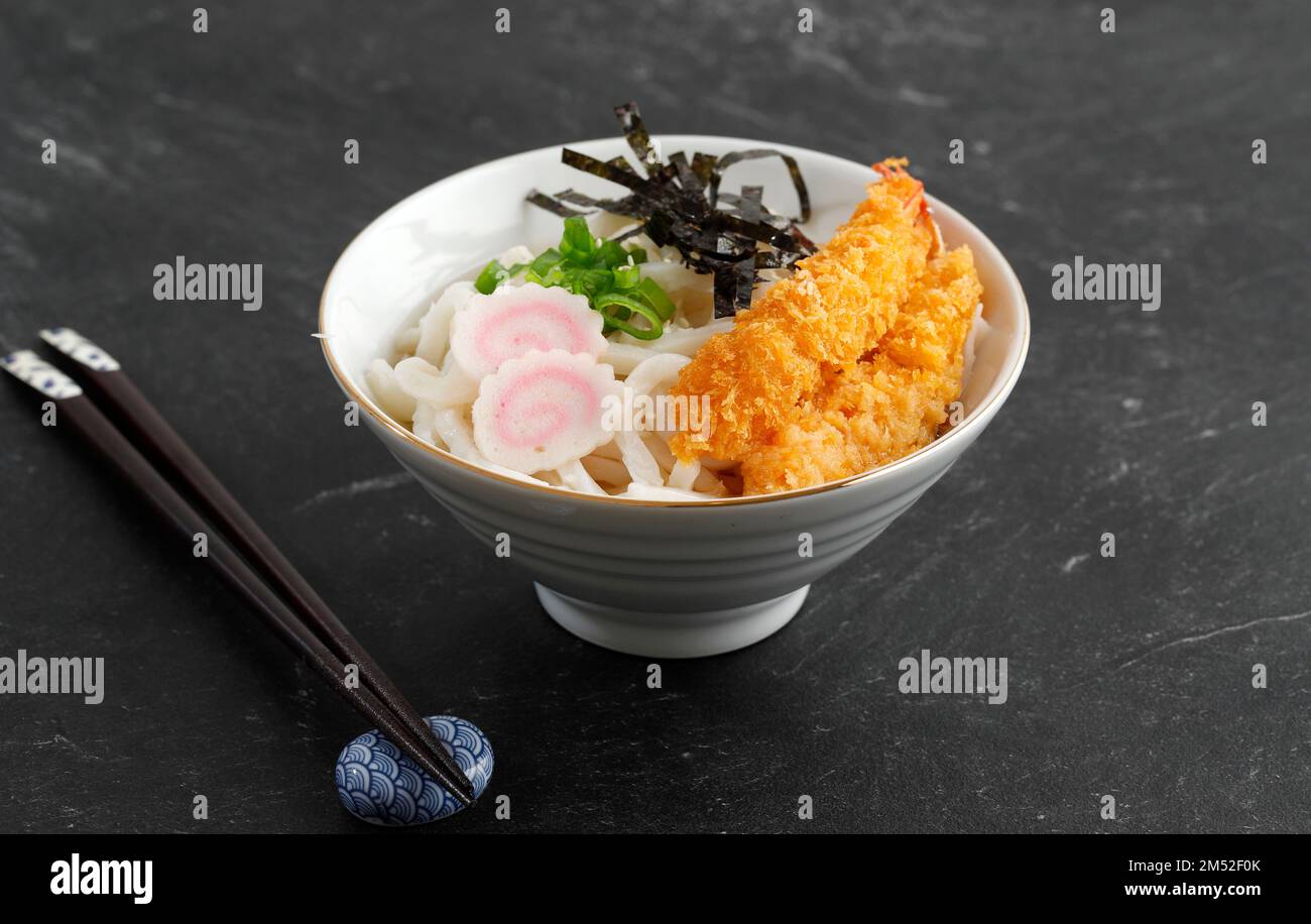 Japanese Tempura Udon Prawn with Nori, Narutomaki, and Green Onion