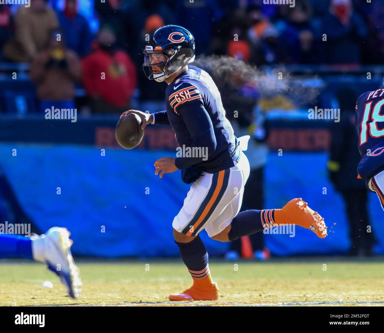 CHICAGO, IL - AUGUST 21: Buffalo Bills quarterback Mitchell Trubisky (10)  points down field during a preseason game between the Chicago Bears and the Buffalo  Bills on August 21, 2021 at Soldier