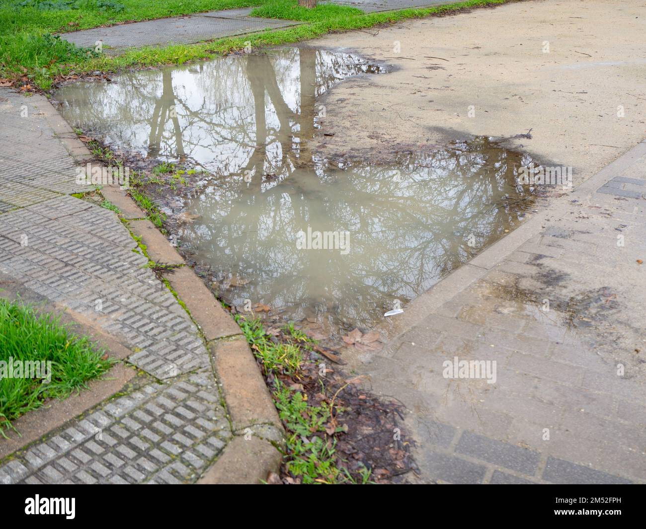 asphalt road flooded during the rainy season. Concept of risk and rainfall Stock Photo
