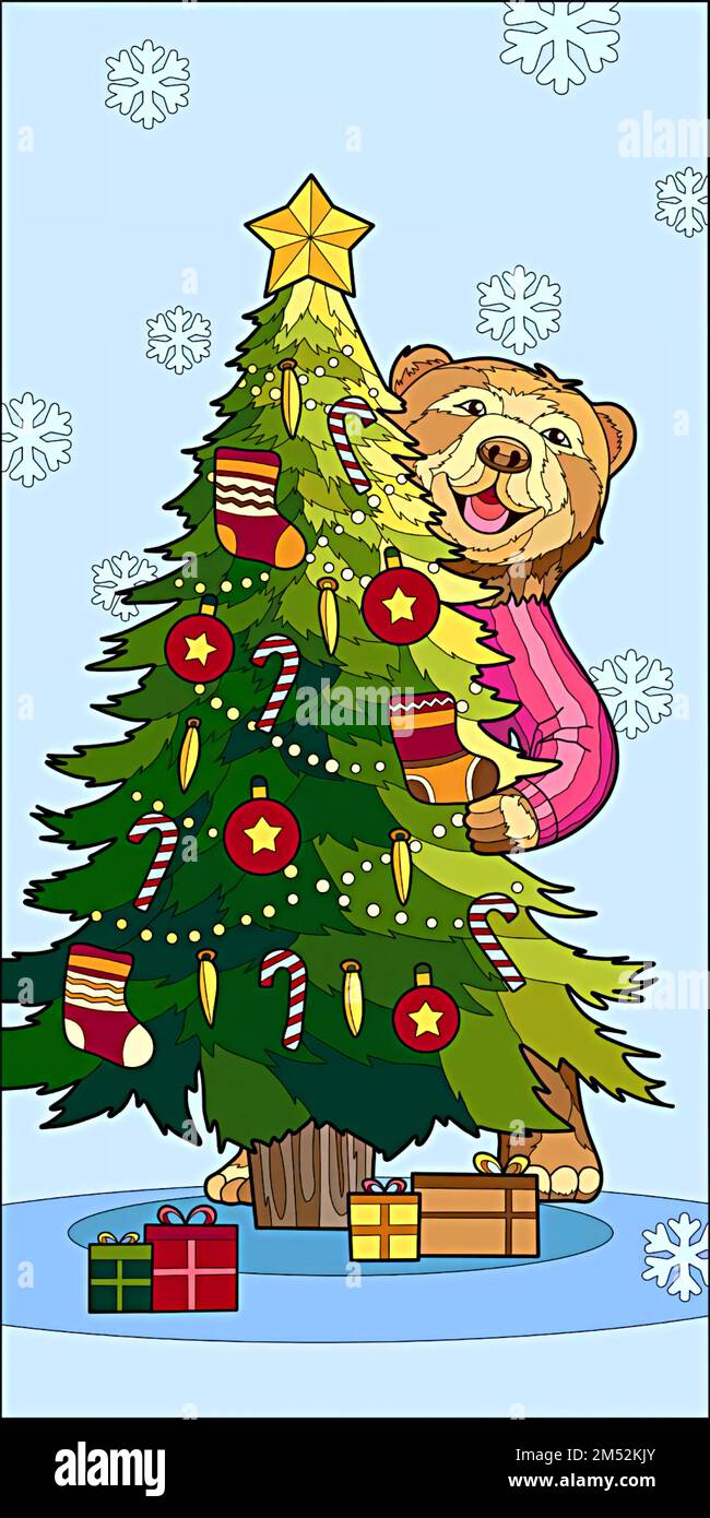 illustration of a bear, christmas tree and gifts Stock Photo Alamy