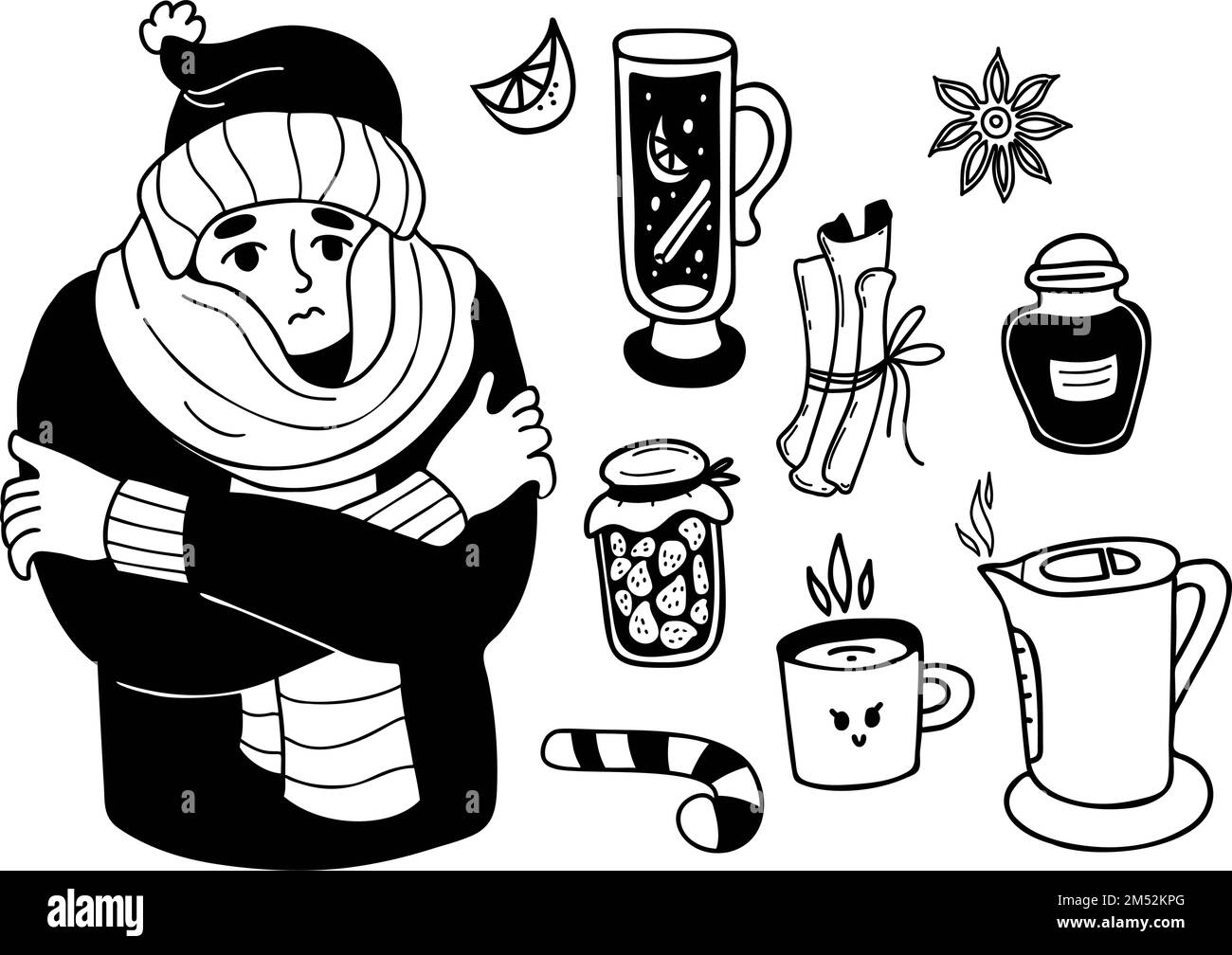 Winter collection doodles. sad man wrapped in scarf freezes and trembles. Nearby is hot wine, kettle of boiling water, cup, cinnamon sticks and jam, s Stock Vector