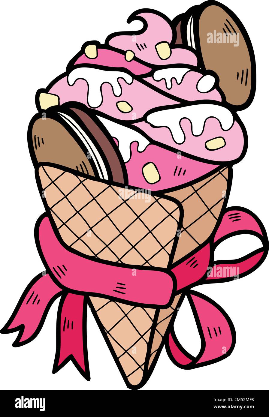Hand Drawn Strawberry Ice Cream Cone illustration isolated on ...