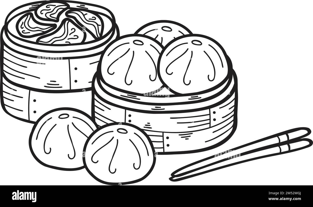 Hand Drawn Steamed Bun With Bamboo Tray Chinese And Japanese Food 