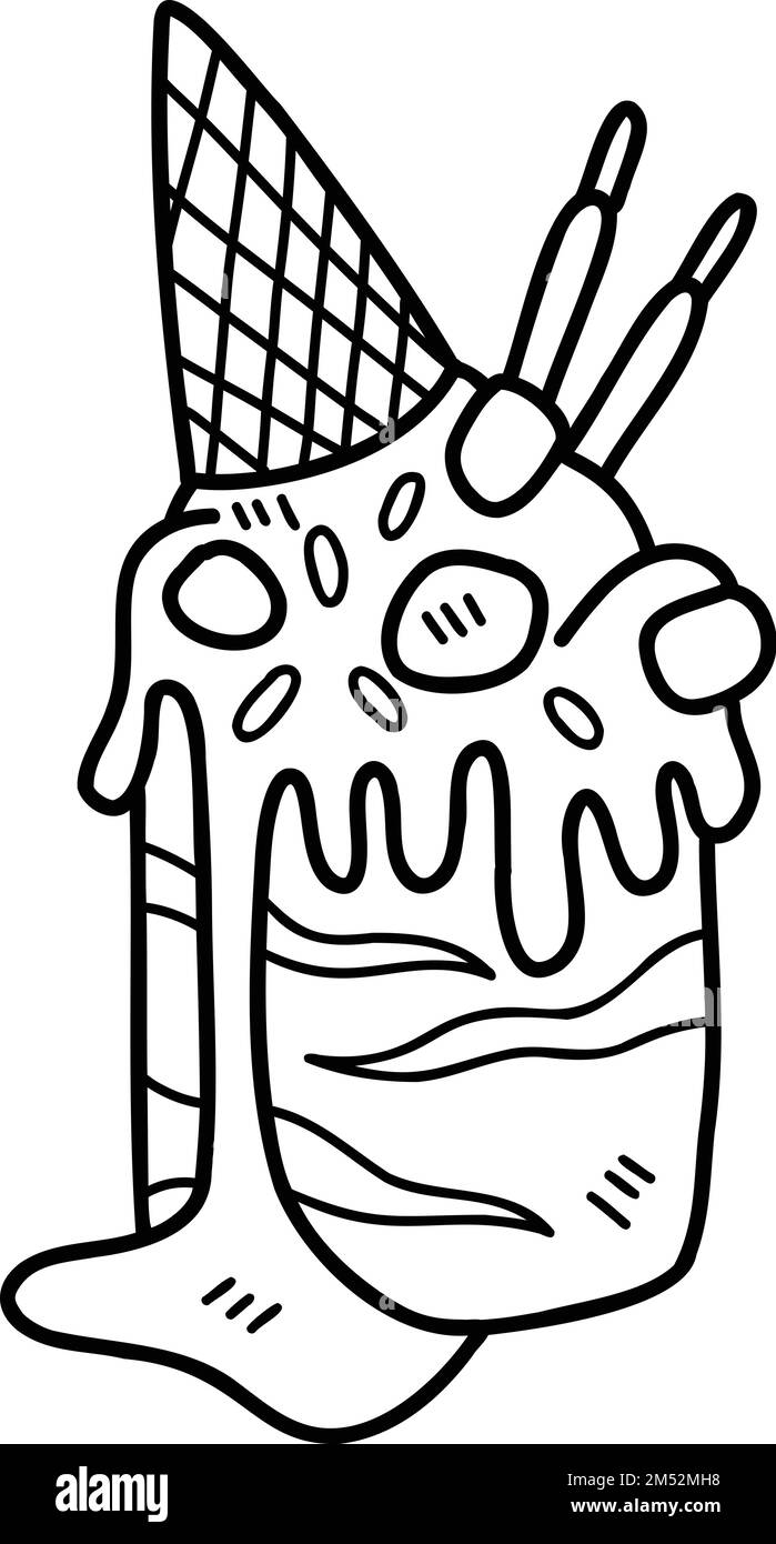 Hand Drawn Strawberry ice cream melted with cone illustration isolated