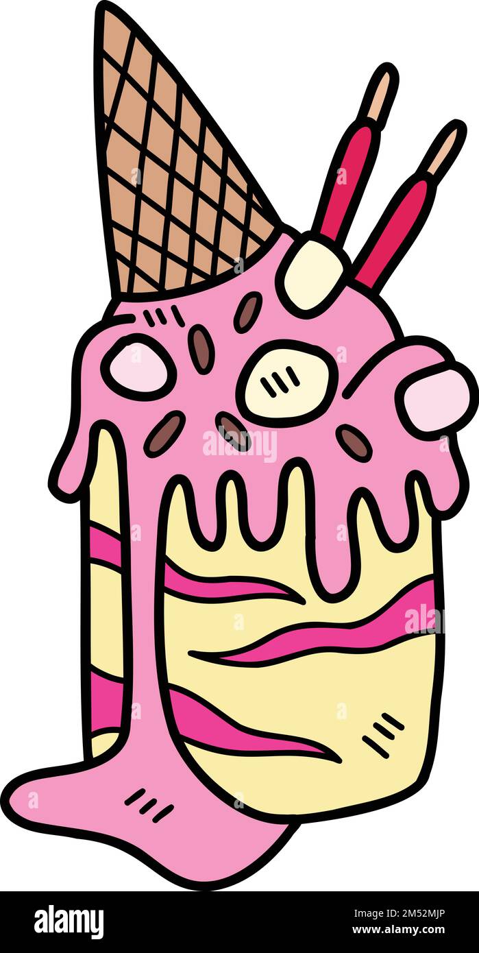 Hand Drawn Strawberry ice cream melted with cone illustration isolated