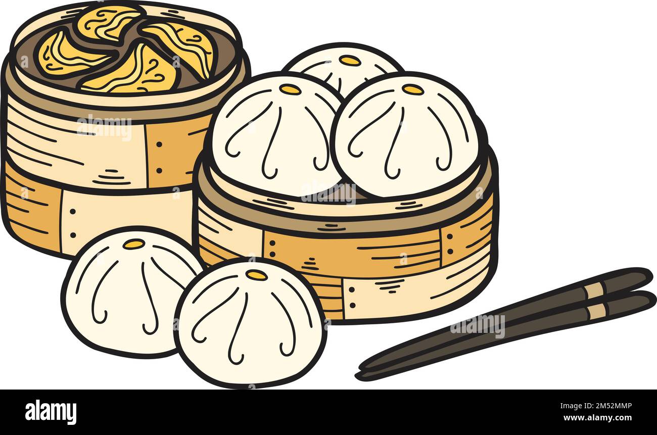 Hand Drawn steamed bun with bamboo tray Chinese and Japanese food ...