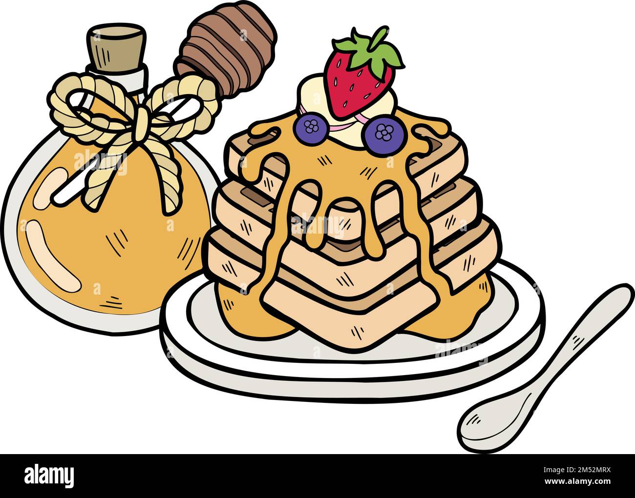 Hand Drawn Honey waffles with strawberries illustration isolated on ...
