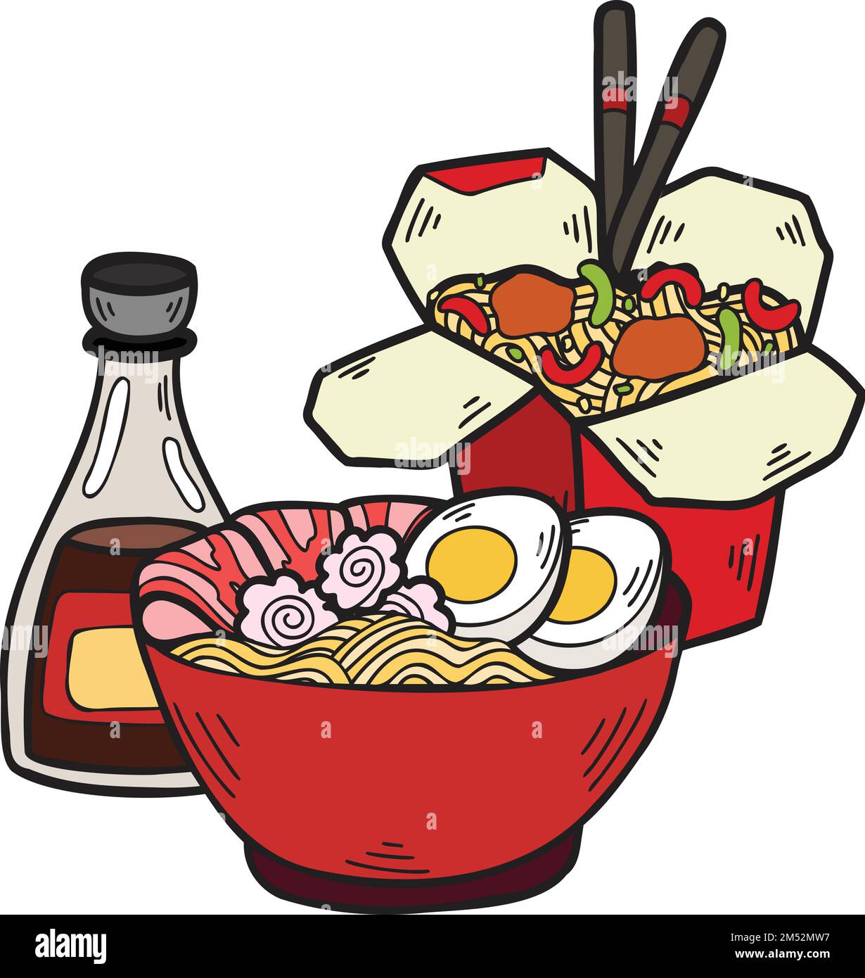 Hand Drawn Noodles and Instant Noodles Chinese and Japanese food