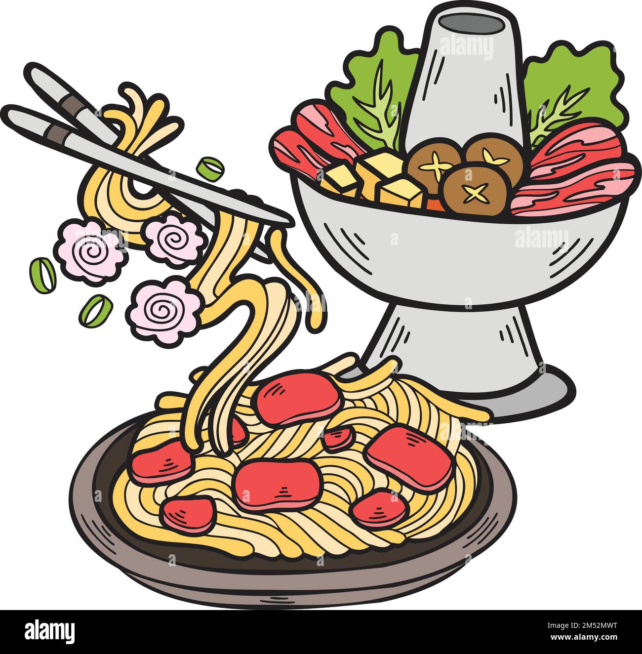 Hand Drawn Hot Pot and Noodles Chinese and Japanese food illustration