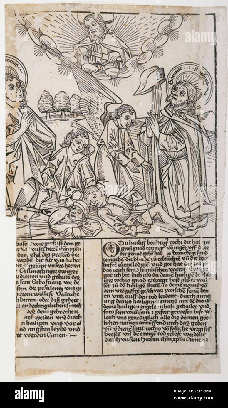 Woodcut print from a broadside sheet showing Saints Sebastian and Roch, published in Augsburg, circa 1473 Stock Photo