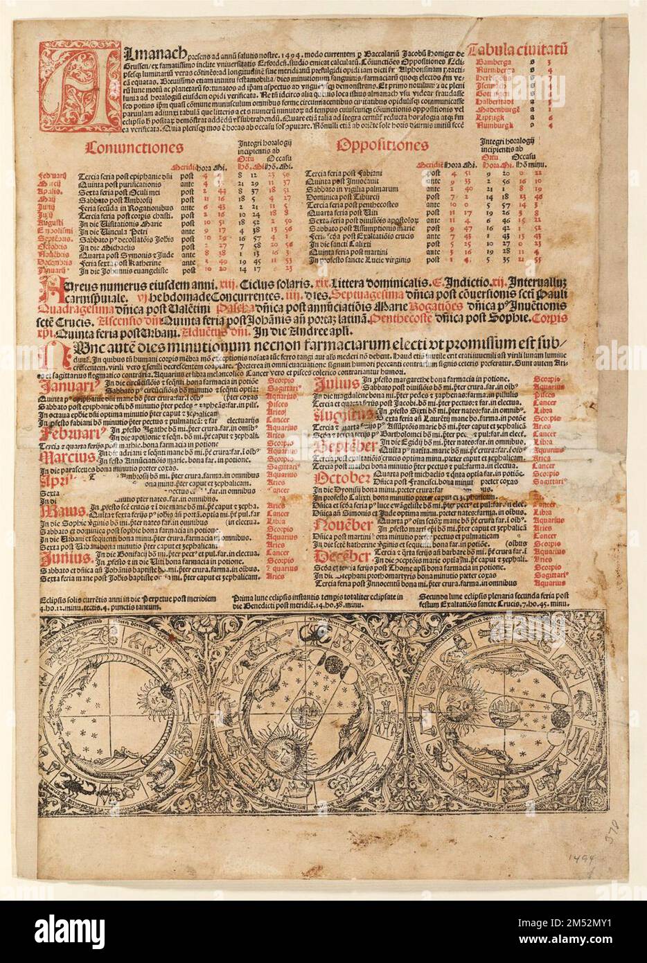 Almanacs were used to record the most propitious days and times for purging, bloodletting, and pharmaceutical manufacture according to astrological and astronomical events. This specimen for the city of Erfurt in 1494 includes woodcuts depicting solar and lunar eclipses. Stock Photo