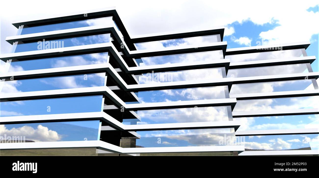 Thick white clouds are reflected in the mirror windows of a modern