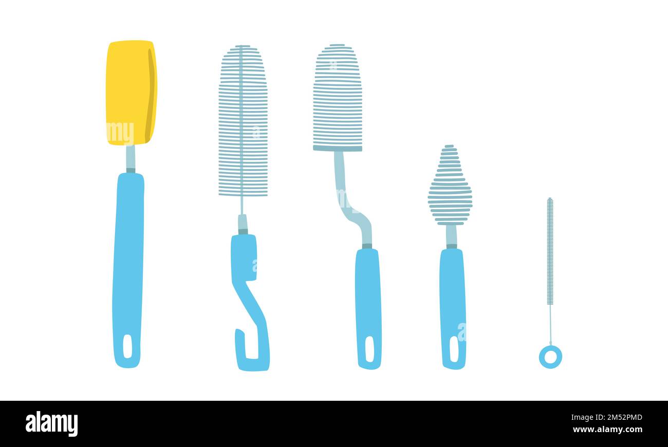 Vector set of baby bottle brush clipart. Simple cute bottle brush flat vector illustration. Cleaning brushes cleaner for feeding bottles, glasses Stock Vector