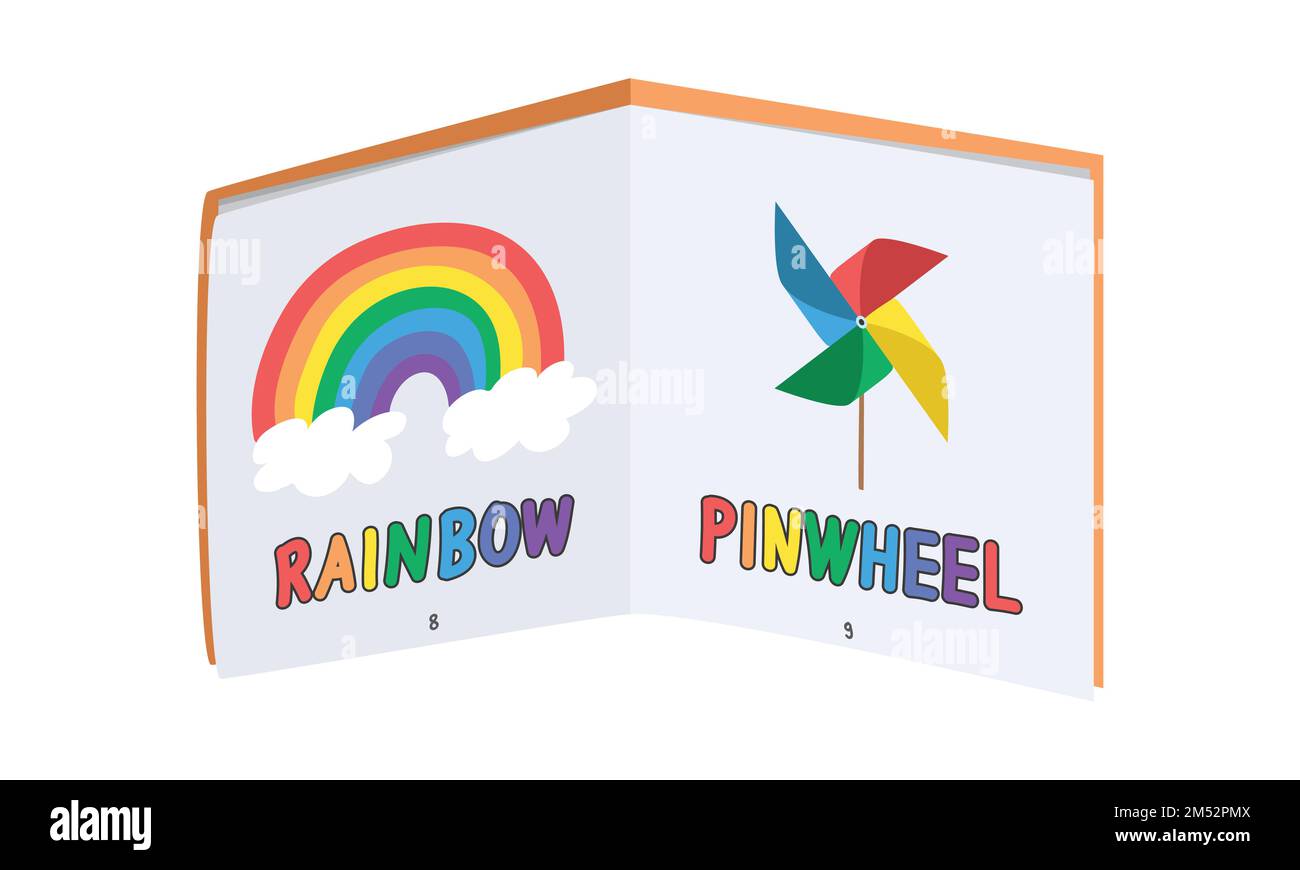 Baby visual stimulation book clipart. Simple cute colored infant stimulation book flat vector illustration. Baby book with colorful rainbow, pinwheel Stock Vector