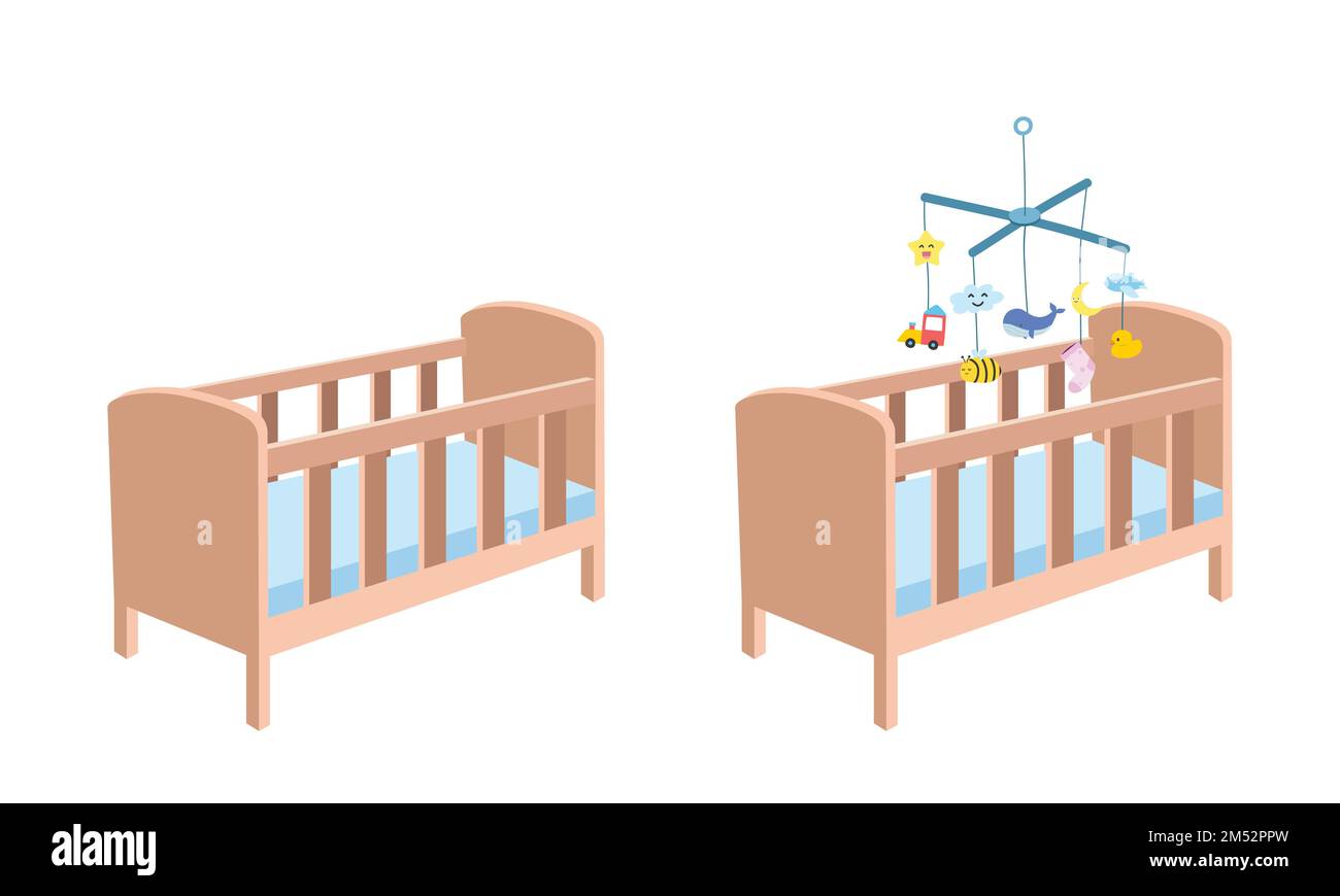 Wooden baby crib clipart. Simple cute crib with baby mobile hanging toy flat vector illustration. Baby crib cradle bed children bedroom cartoon style Stock Vector