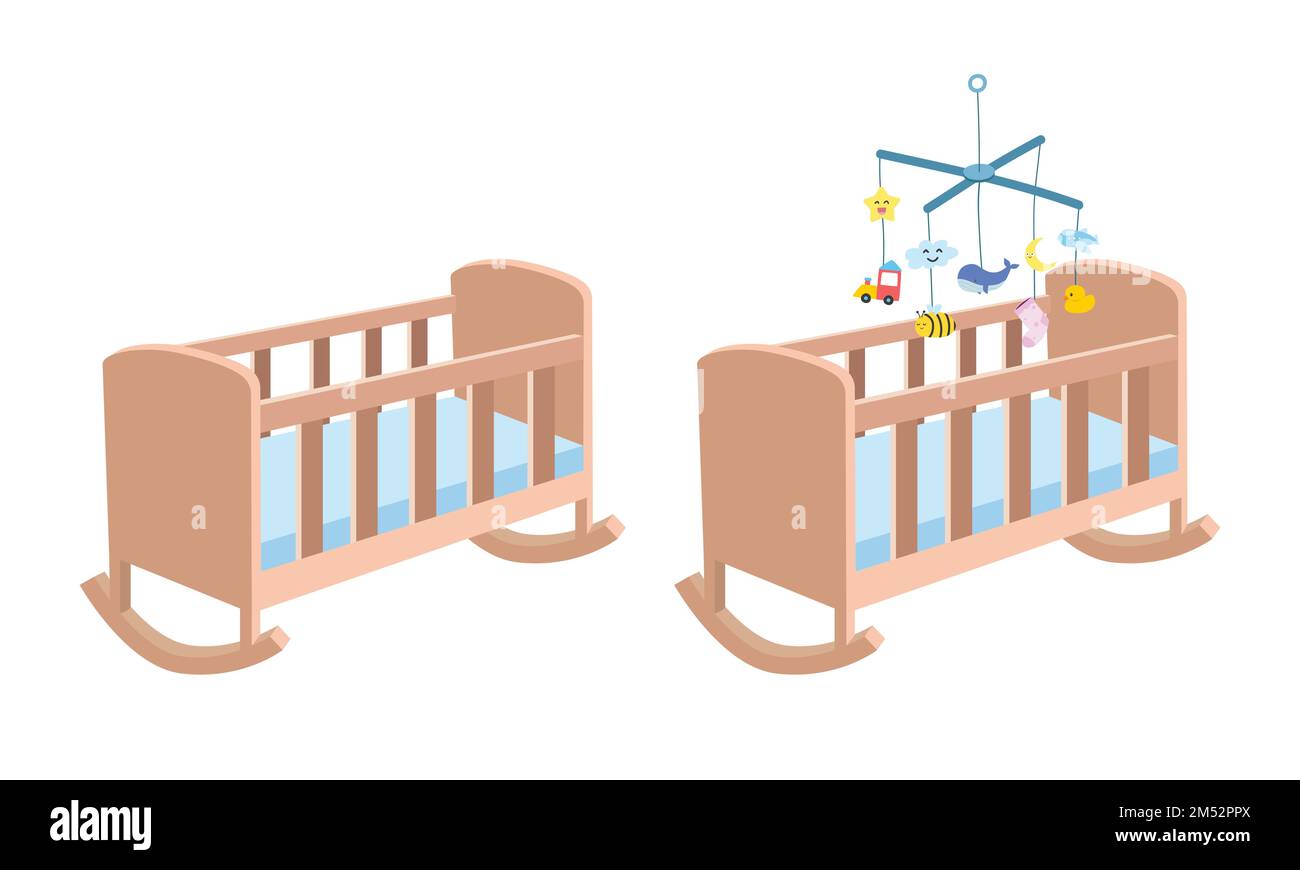Wooden baby cradle clipart. Simple cute cradle with baby mobile hanging toy flat vector illustration. Baby crib cradle bed children's bedroom cartoon Stock Vector