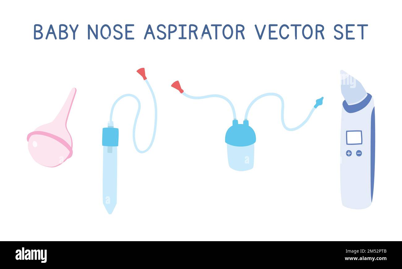Set of baby nose cleaner nasal aspirators clipart. Simple cute baby nose aspirator flat vector illustration isolated. Classic, electric, battery Stock Vector