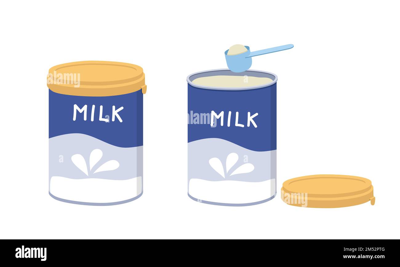 Set of opened and closed baby milk powder clipart. Simple powder milk in aluminium can full blue plastic measuring spoon or scoop flat vector design Stock Vector
