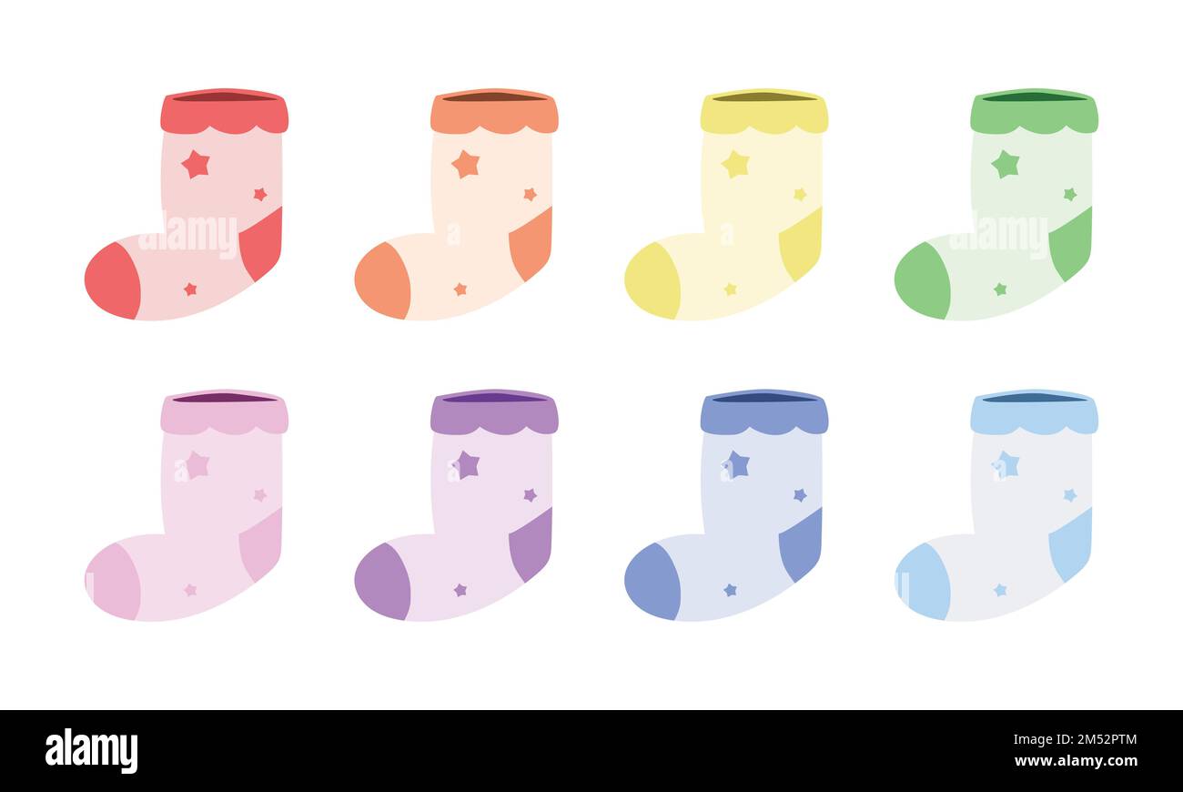 Set of colorful baby socks clipart. Simple cute newborn baby sock flat vector illustration. Cotton, woolen toddler sock for baby shower or birthday Stock Vector