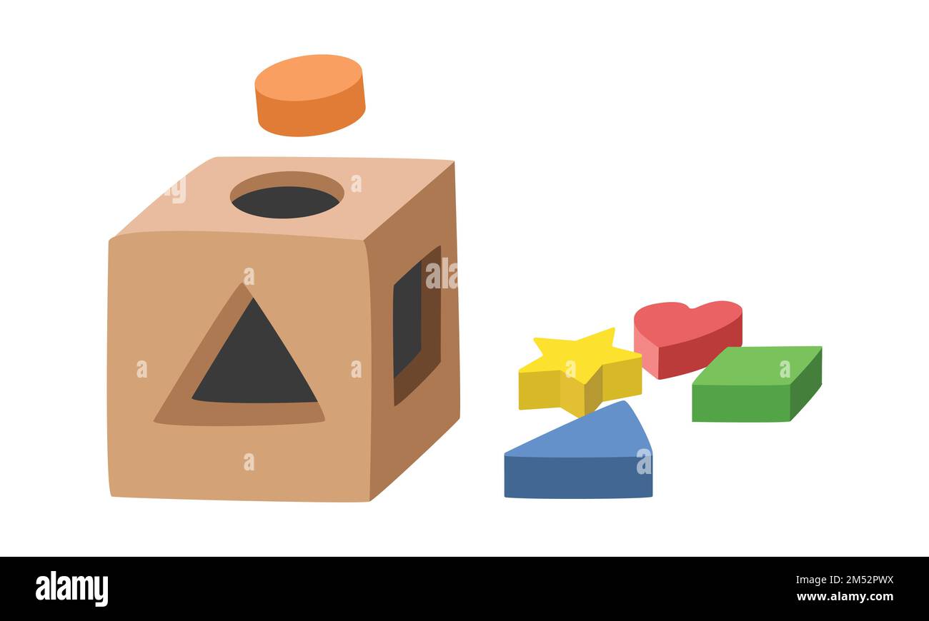 Wooden shape sorter toy clipart. Simple cute children toy shape sorter puzzle flat vector illustration. Shape sorter toy cartoon style icon Stock Vector