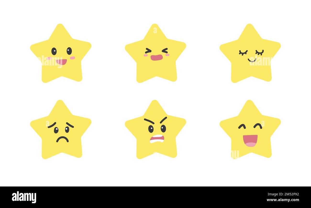 Vector set of cute baby shower yellow stars with different emotions clipart. Simple cute character, yellow star kawaii face flat vector illustration Stock Vector