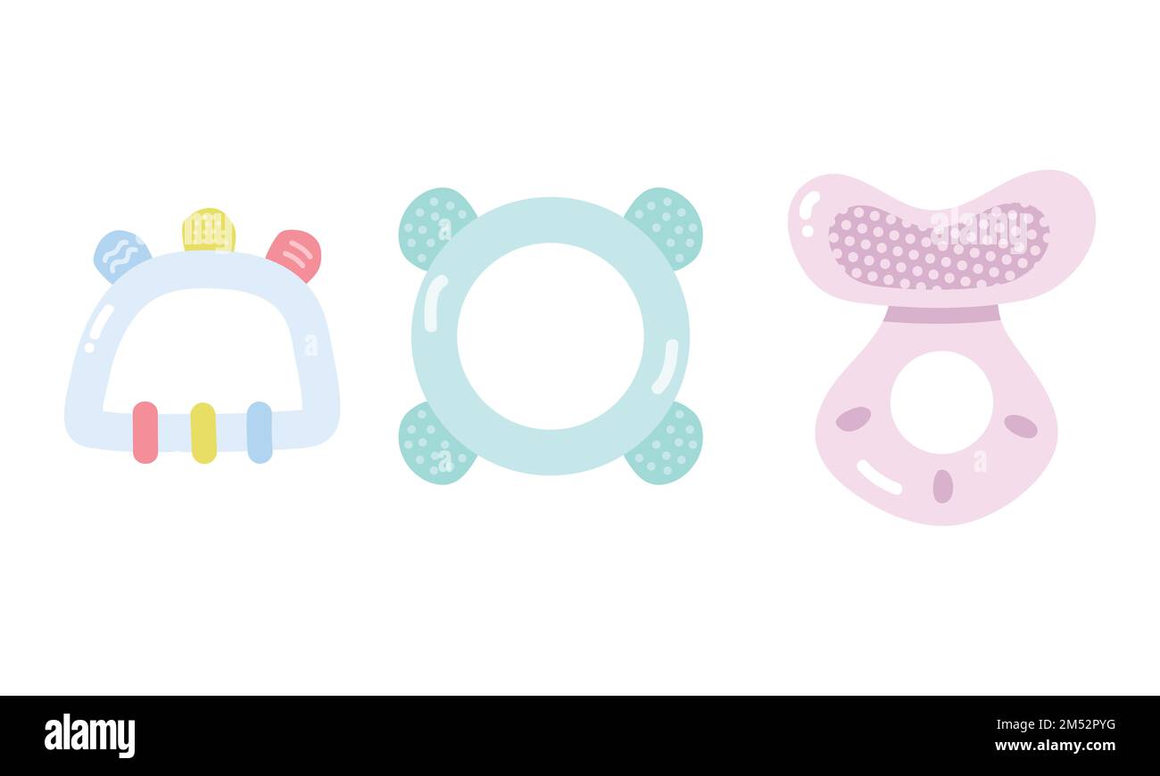 Set of different baby teether clipart. Simple cute silicone teether soothing tool for teething infants flat vector illustration. Baby teething toy Stock Vector