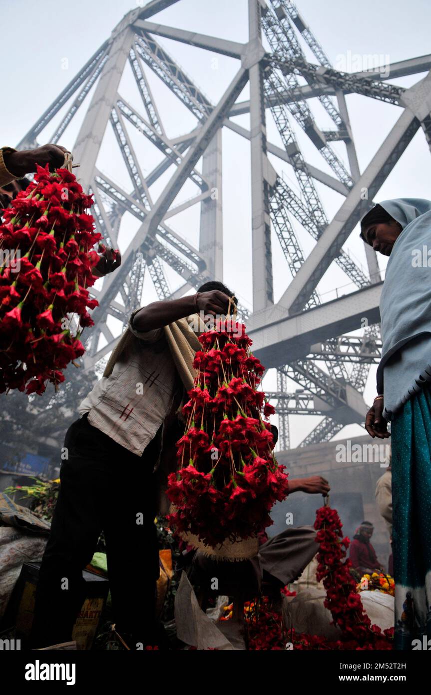 Mallick Ghat is one of the biggest flower markets in Asia. Early morning scenes at the market in Kolkata, West Bengal, India. Stock Photo