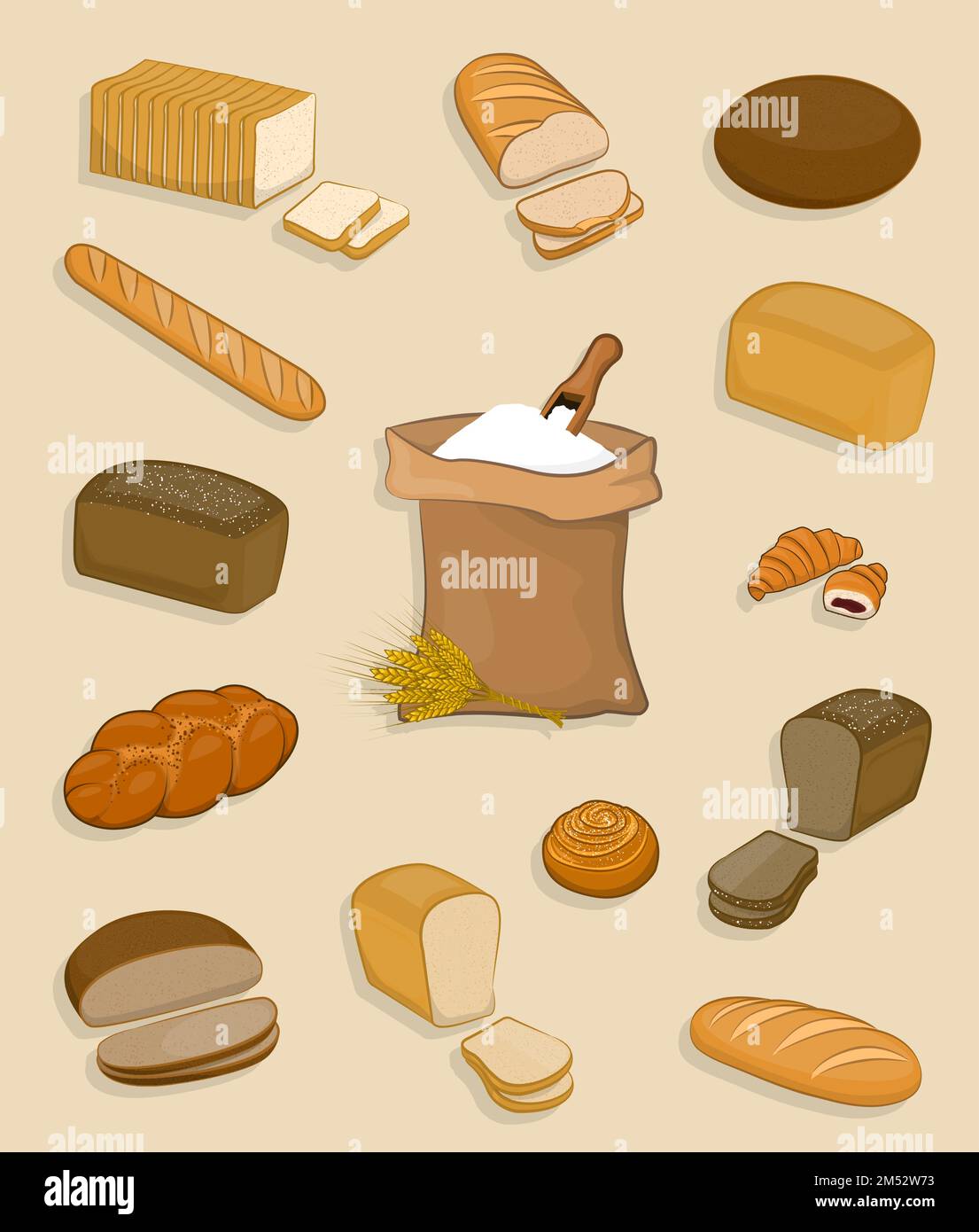 Set of bakery and confectionery on a white background. A bag of flour ...
