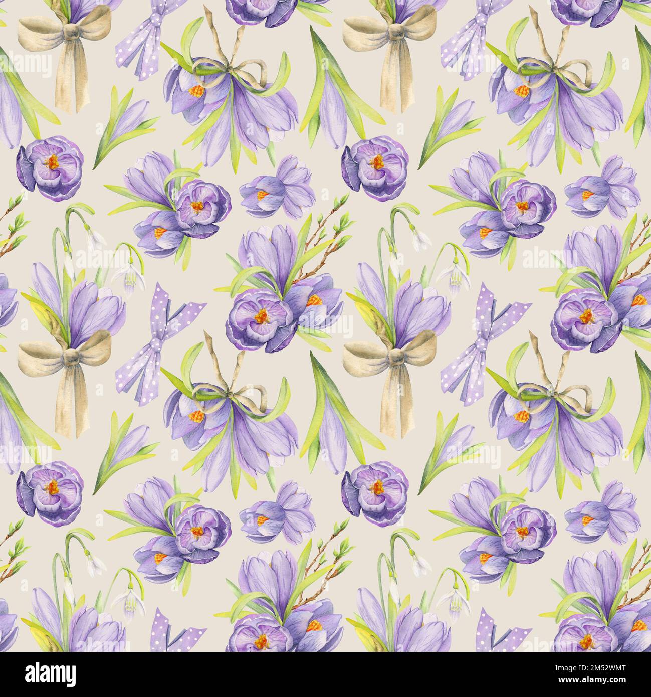 Watercolor hand drawn seamless pattern with spring flowers, crocus ...