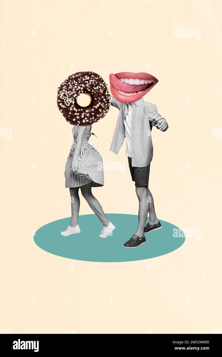 Vertical artwork photo of young couple headless absurd food concept ...