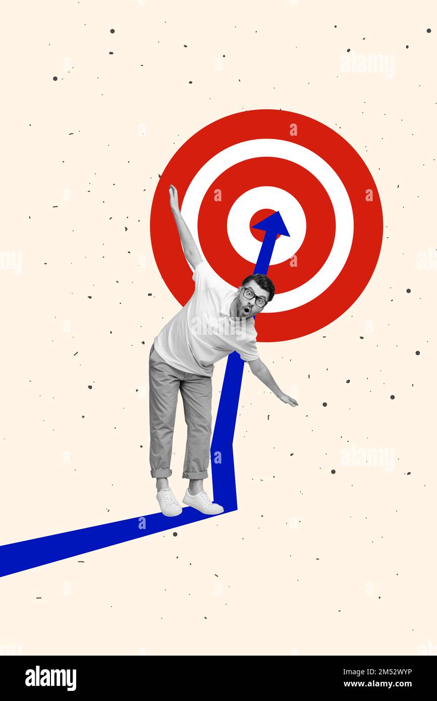 Vertical collage picture of impressed black white gamma mini guy stand balancing drawing growing arrow darts board target Stock Photo