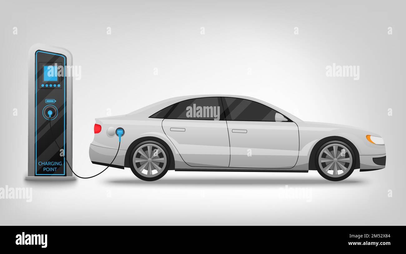 Electric car charging station and banner isolated on white background