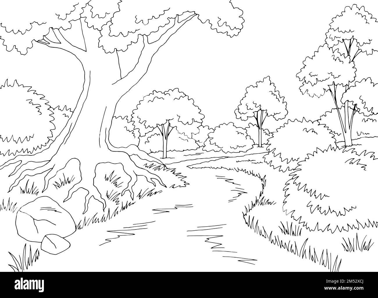 Forest road graphic black white landscape sketch illustration vector Stock Vector