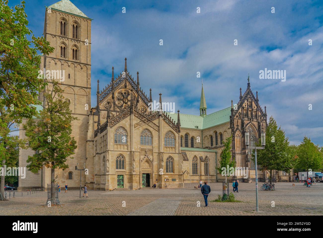 Muenster, Germany - September 13.2022: The old town and pedestrian zone of Muenster with the Cathedral Stock Photo