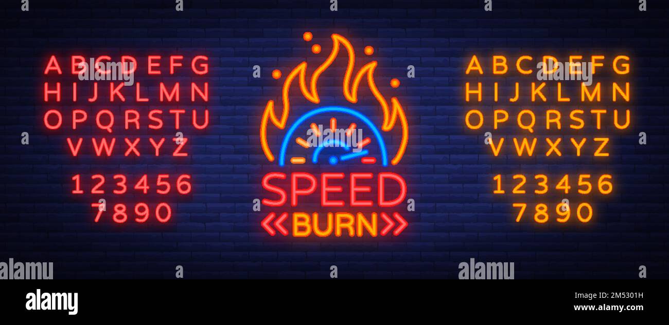 Speed burn logo emblem template vector logo in neon style. A glowing sign on the theme of the races. Neon sign, light banner. Editing text neon sign. Stock Vector