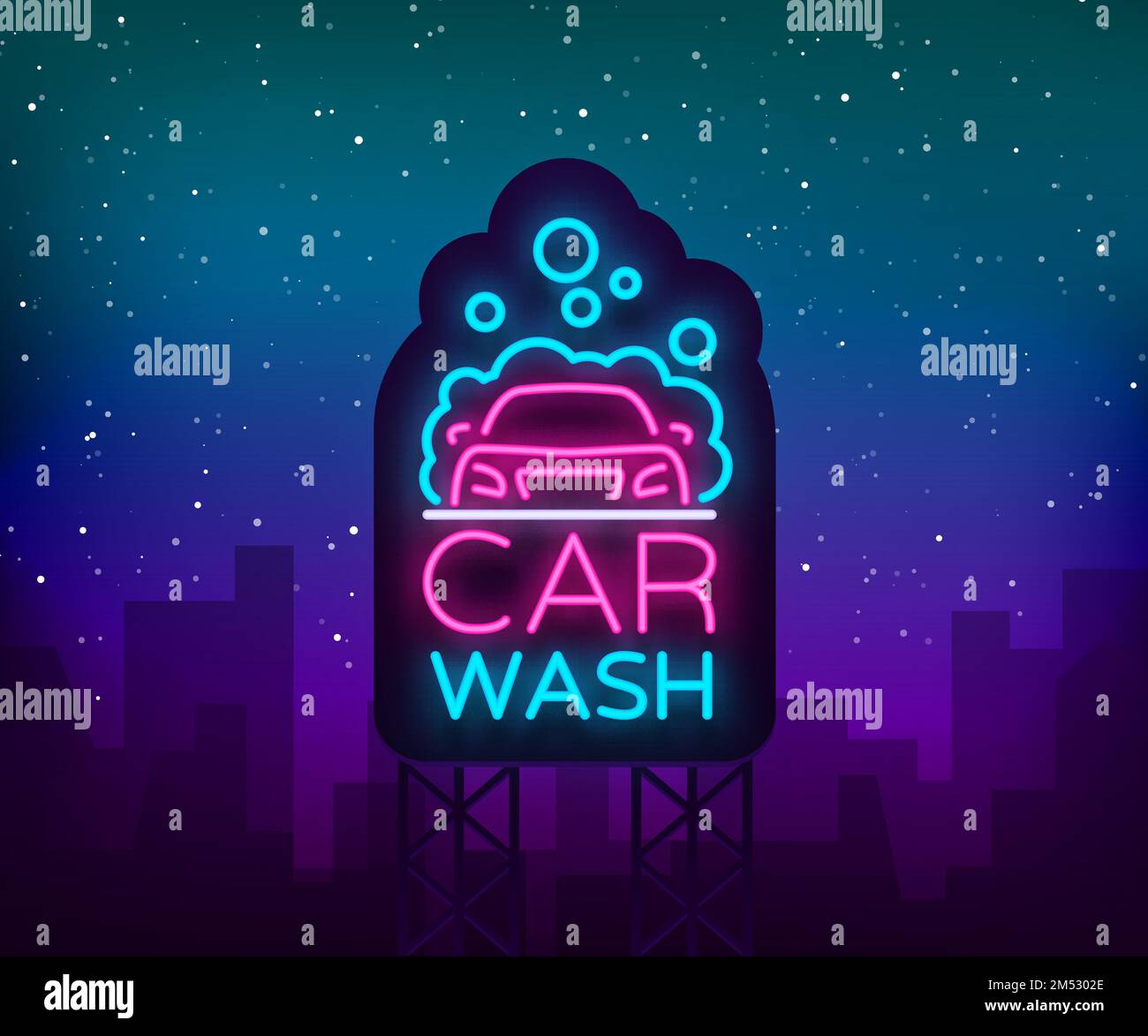 Car wash logo vector design in neon style vector illustration isolated. Template, concept, luminous signboard icon on a car wash theme. Luminous banne Stock Vector