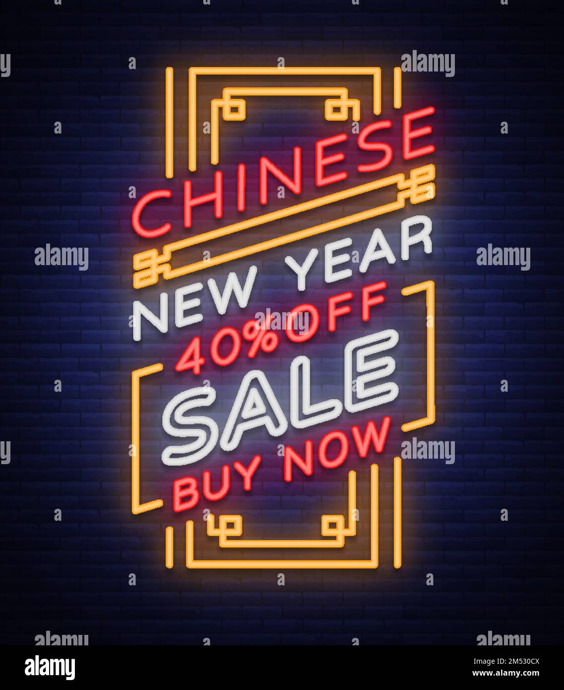 New Chinese year sales of a poster in a neon style. Vector illustration, neon sign, bright banner, luminous flyer, neon brochure on New Year's discoun Stock Vector