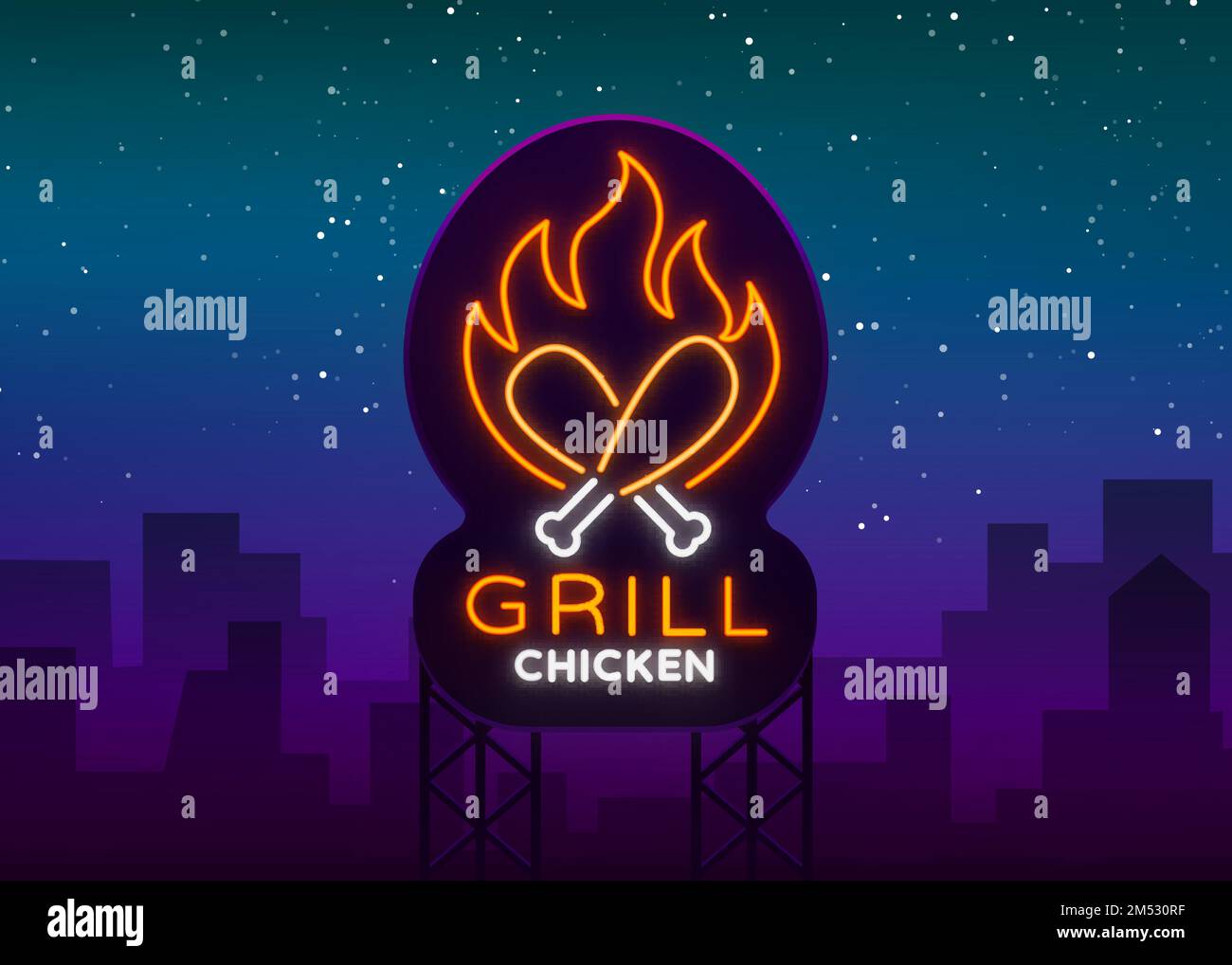 Logo Chicken Grill emblem, neonstyle sign for food store, restaurant