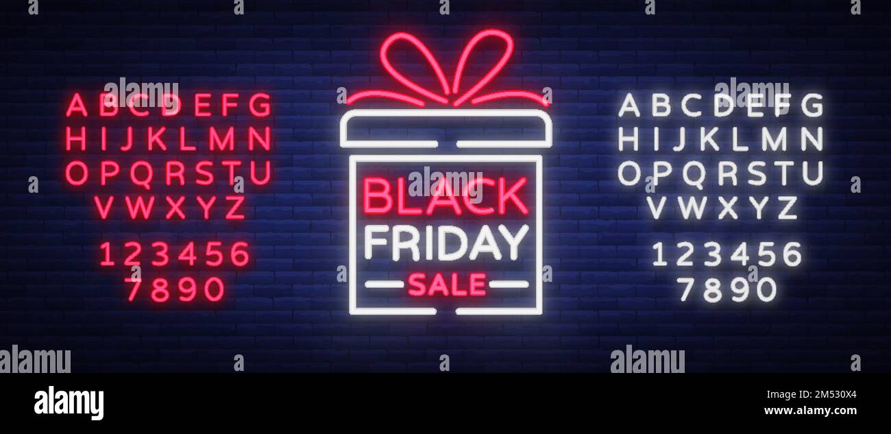 Black Friday vector isolated, poster banner in neon style. Bright sign sales Black Friday discounts. Editing text neon sign. Neon alphabet. Stock Vector