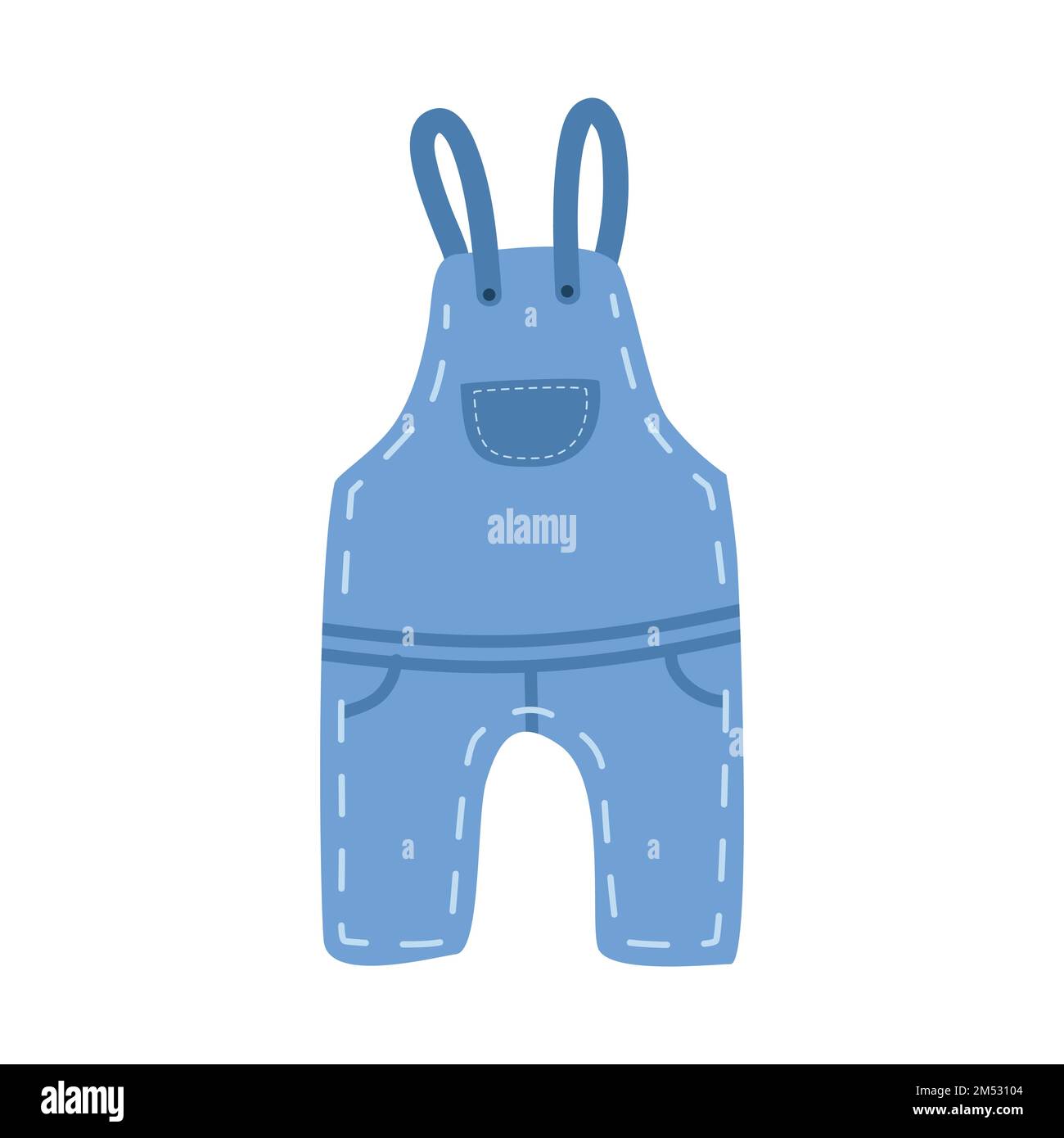 Baby denim overalls clipart. Simple cute baby toddler blue jean overall flat vector illustration. Baby denim jumpsuit or dungaree cartoon hand drawn d Stock Vector