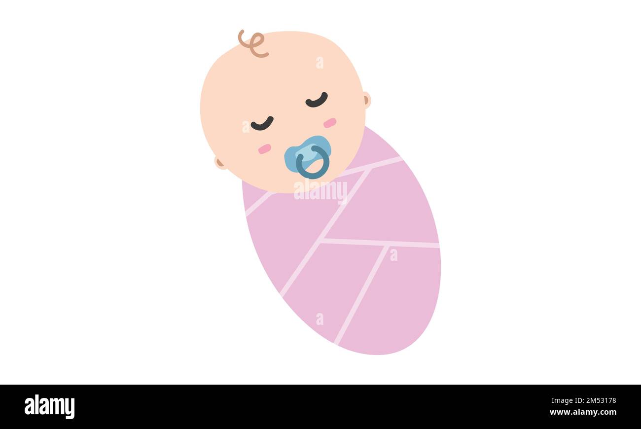 Sleeping baby swaddle clipart. Simple cute sleep baby swaddled in pink blanket flat vector illustration. Infant baby swaddling cartoon style Stock Vector