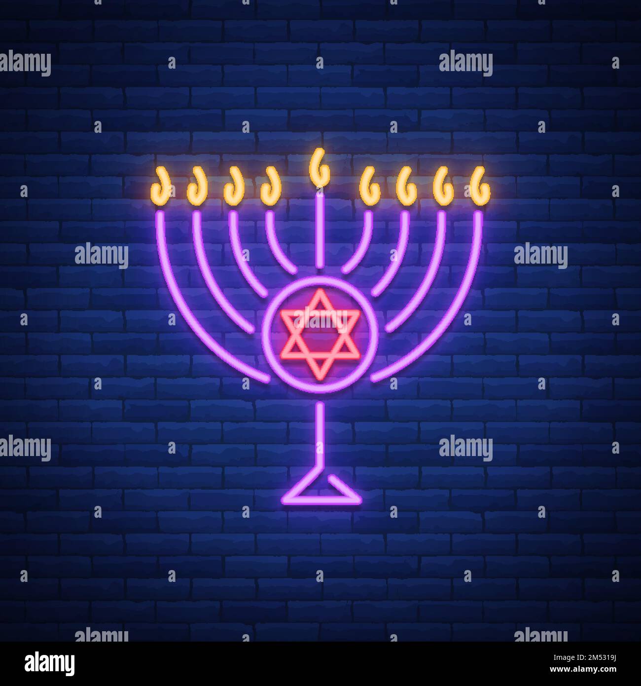 Chanukah vector design - Happy Hanukkah. Neon sign, bright luminous banner for greetings cards. Jewish holiday. Hanukkah Menoru. Stock Vector