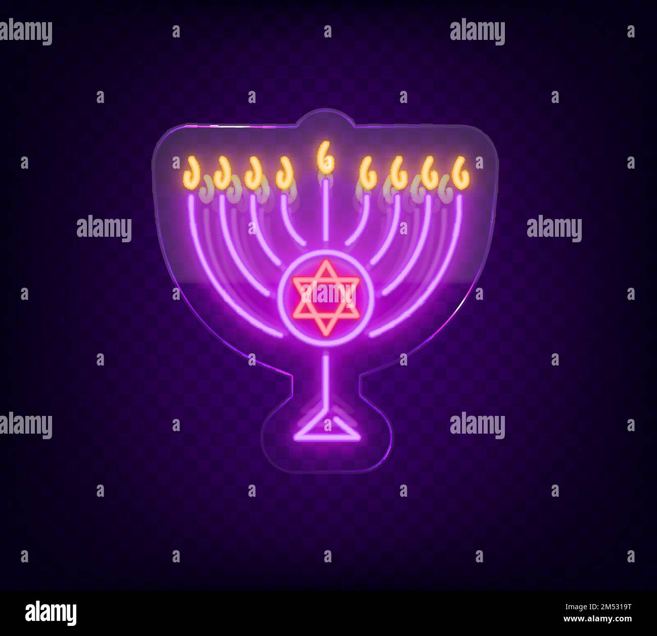 Chanukah vector design - Happy Hanukkah. Neon sign, bright luminous banner for greetings cards. Jewish holiday. Neon sign on transparent glass. Hanukk Stock Vector